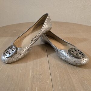 Tory Burch Metallic Silver Perforated Flats